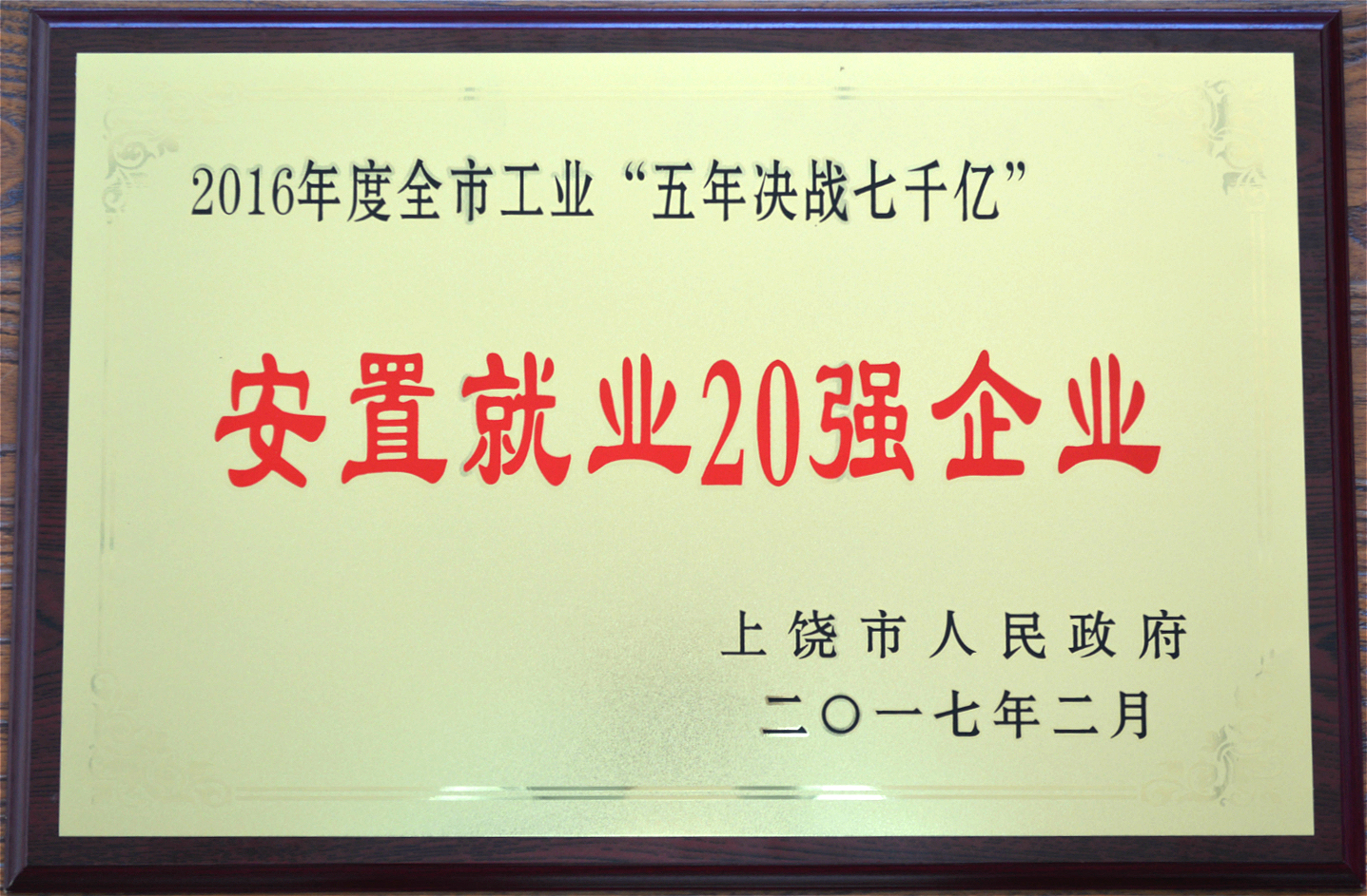 2016年度全市工業“五年決戰七千億”安置就業20強企業